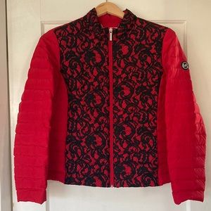 Michael Kors red puffer jacket with black lace detail